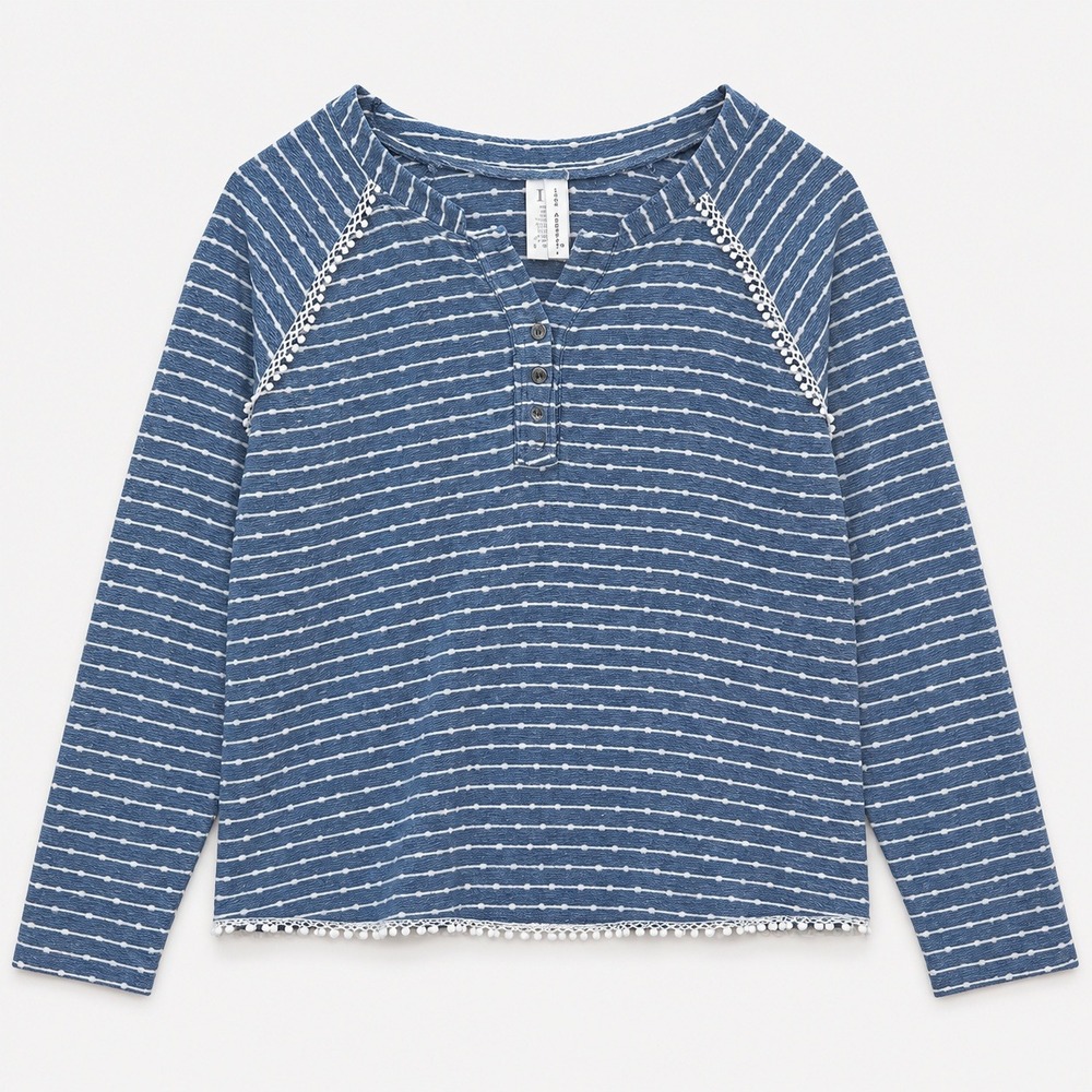 Boho Henley Nautical Navy Stripes Icon Apparel Womens Lace Trim Top Preppy sz L